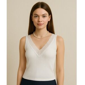 Lauren Ralph Lauren L White Lace Preppy V Neck Sleeveless Tank Coquette Dainty‎